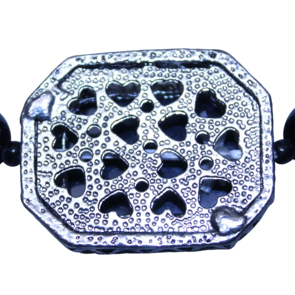 Stretch Bracelet Silver Tone Black Glass Cabochon Fashion Expansion